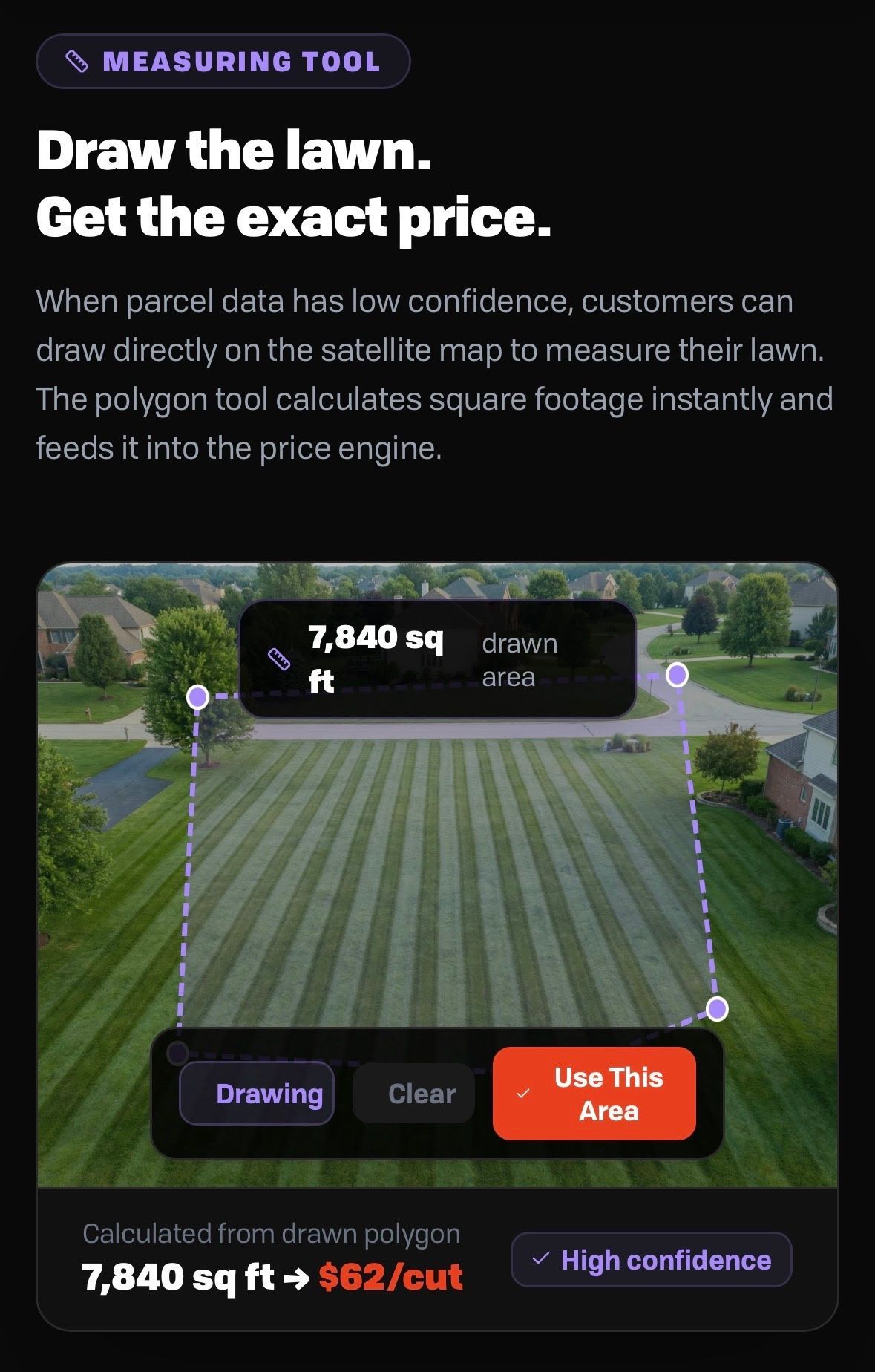Mobile app screen showing a lawn measurement tool with a yard photo, measurement box, and price estimate.