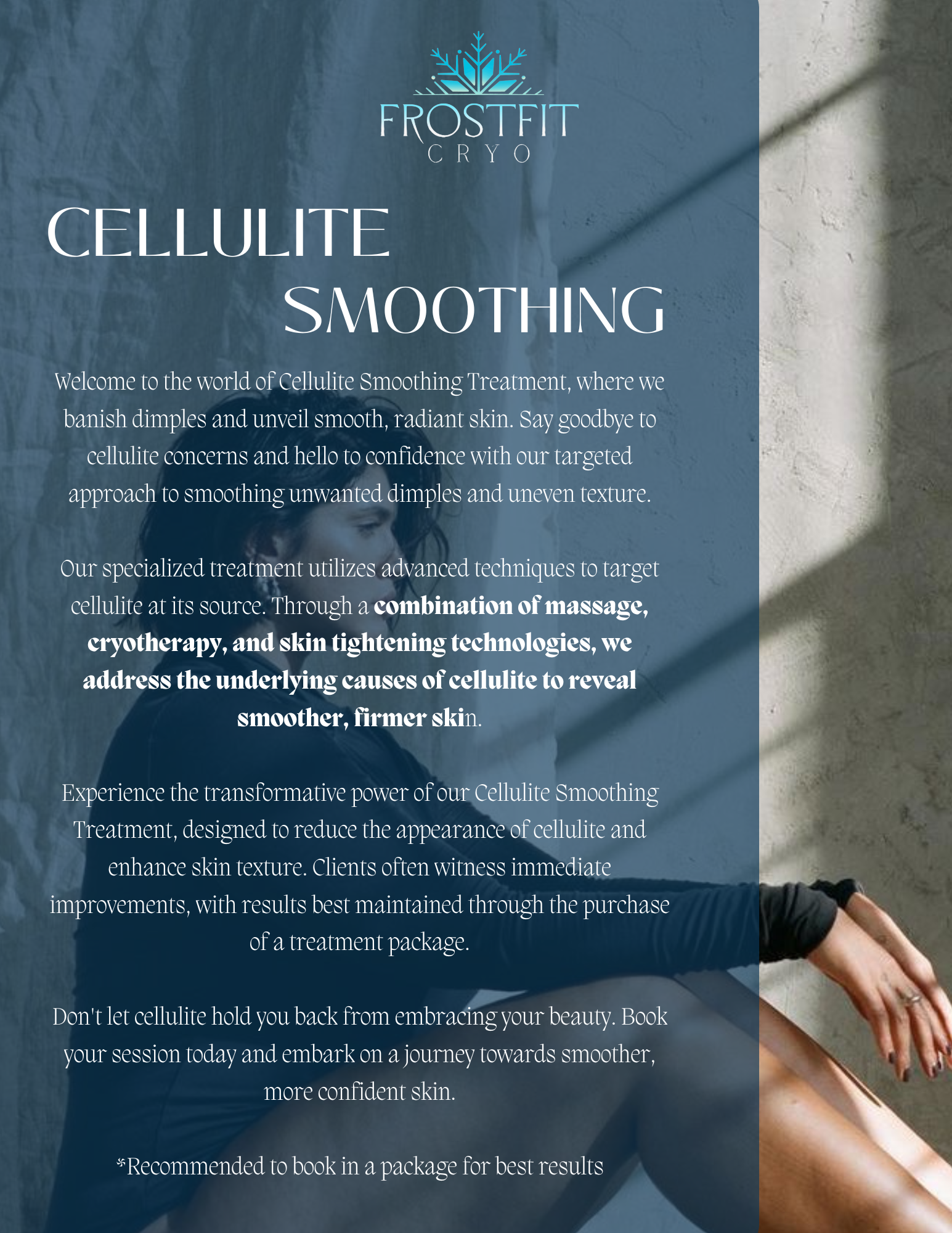 Brochure for cellulite smoothing with text and a person leaning against a wall.