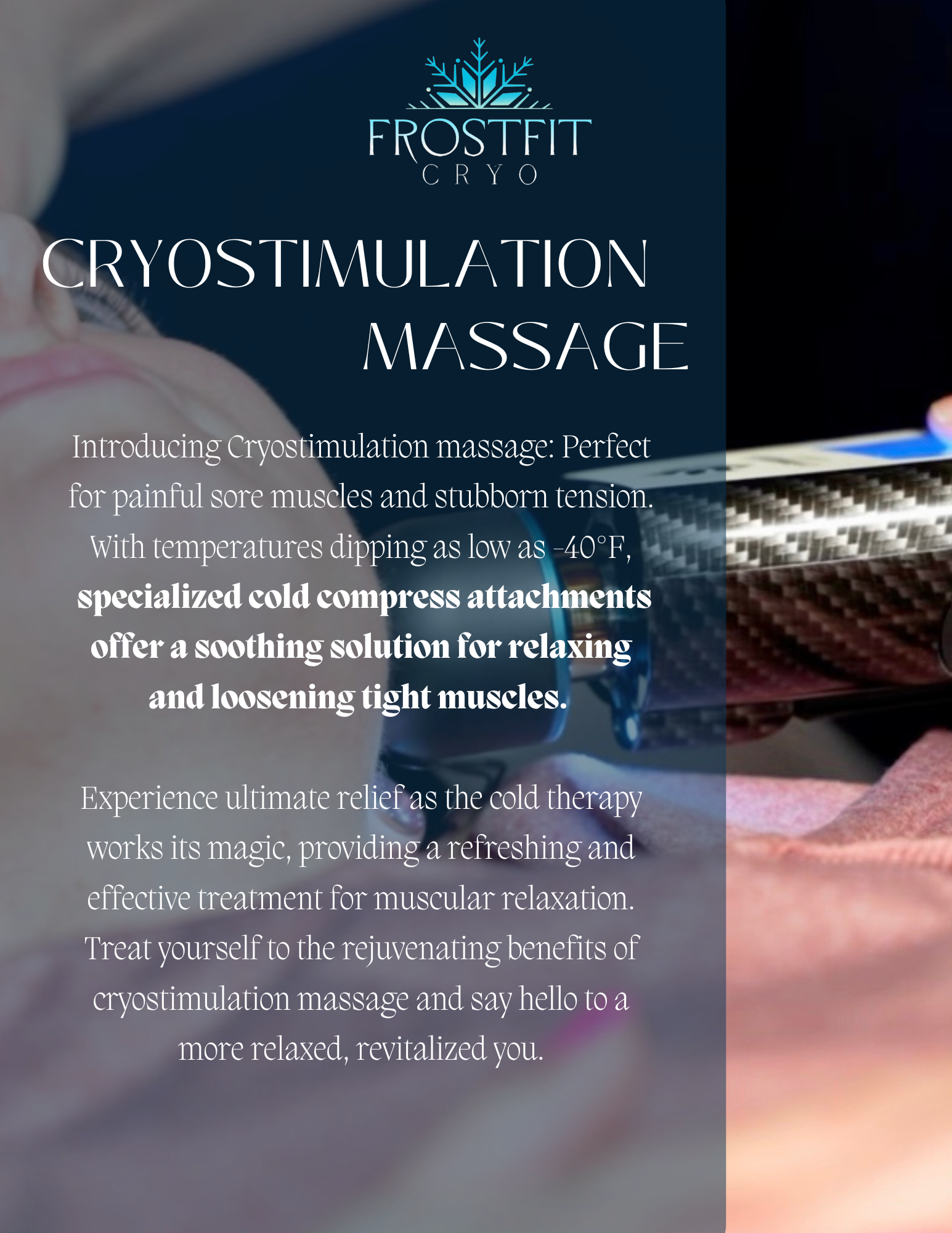 Ad for Frostfit Cryostimulation Massage: text over a person's shoulder with massage tool, highlighting muscle relaxation.