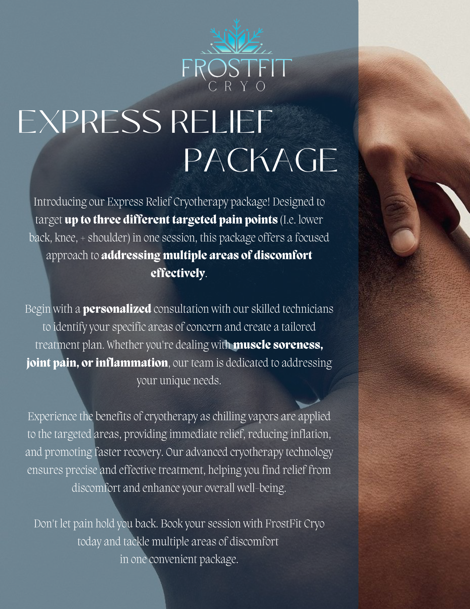 Express Relief Package advertisement featuring a person's torso and arm with text overlay.