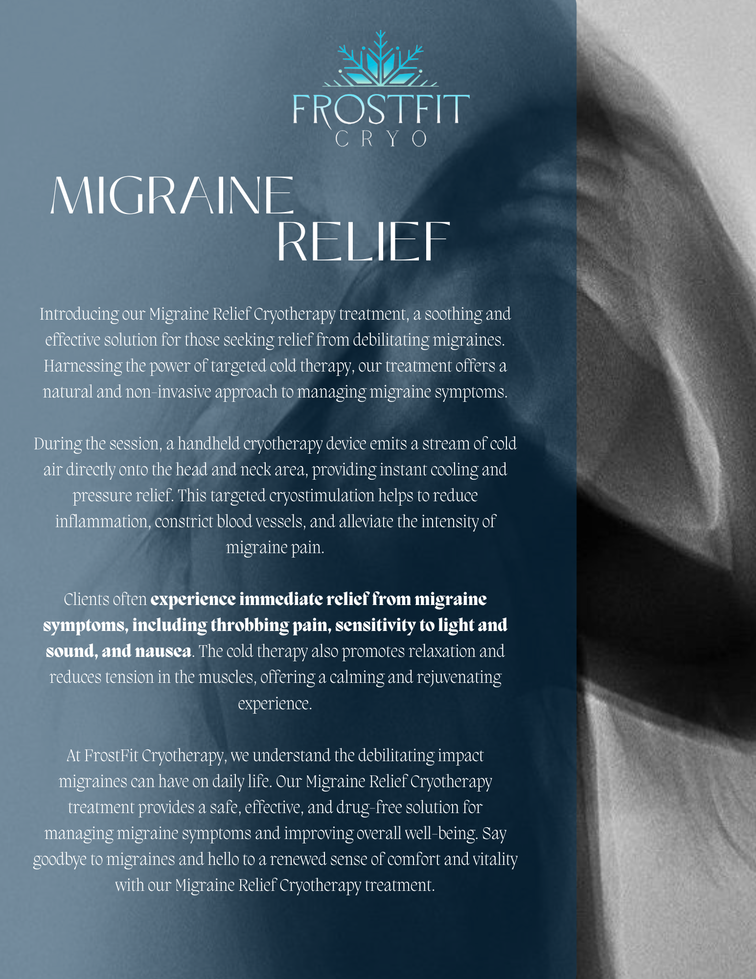 Text promoting migraine relief, with logo.