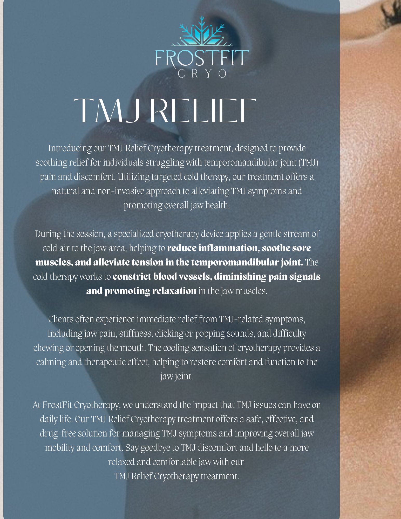 Flyer for TMJ relief, with text and a background photo of a person's face/neck. The brand is 