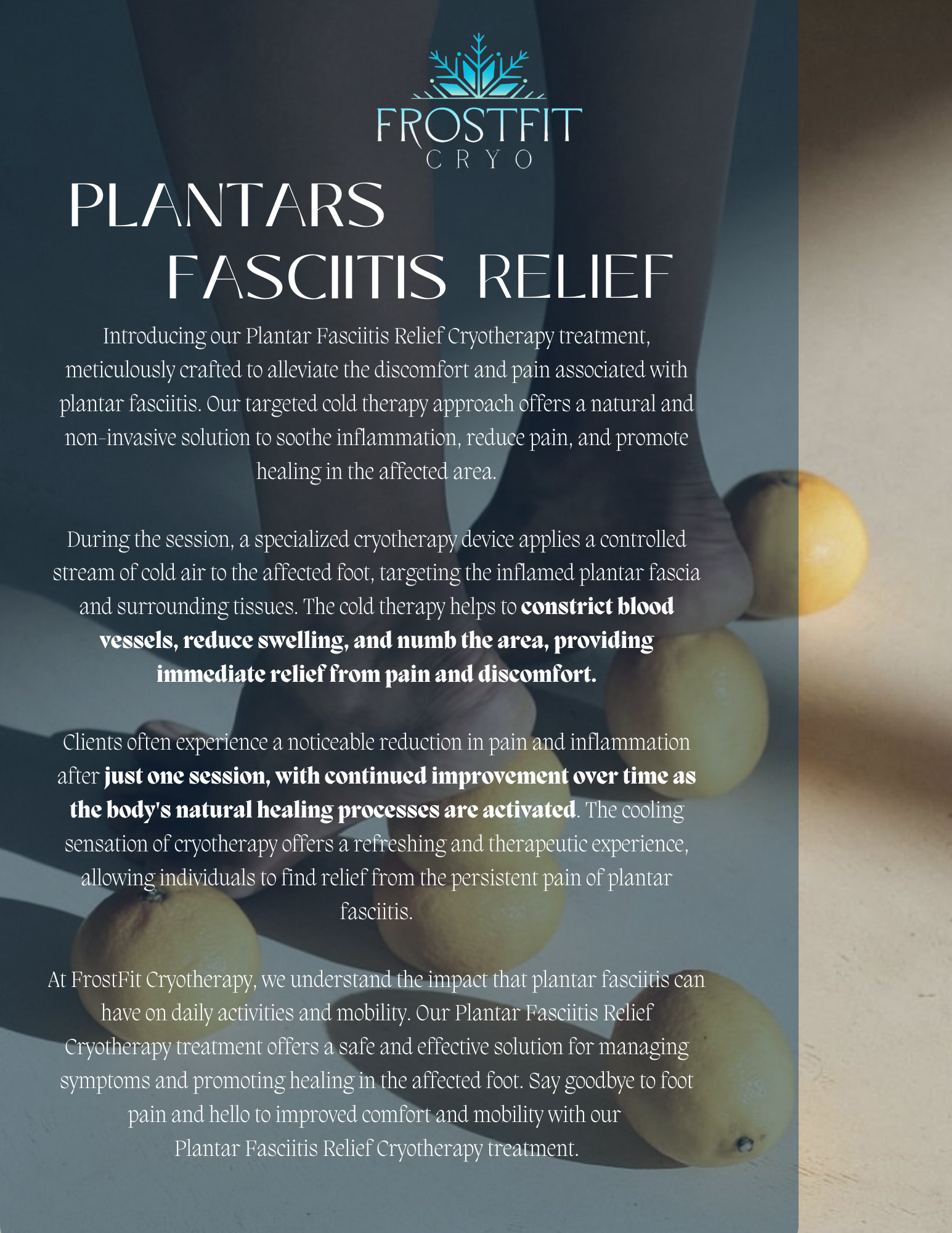 Text about Plantar Fasciitis relief, with feet near lemons. Frostfit logo visible.