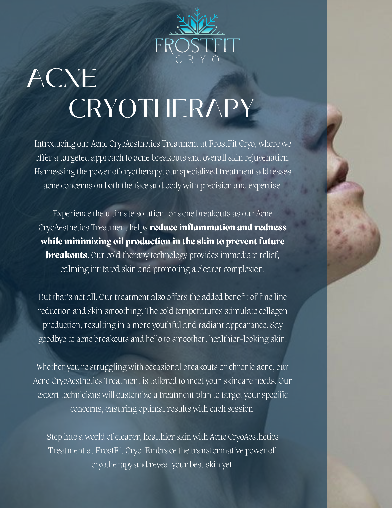 Woman's face with acne, text about acne cryotherapy treatment.