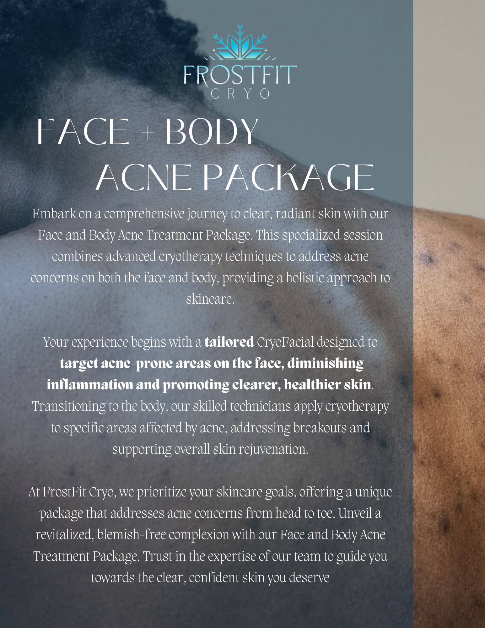 Flyer for a face and body acne package, with text and a photo of a person's back.