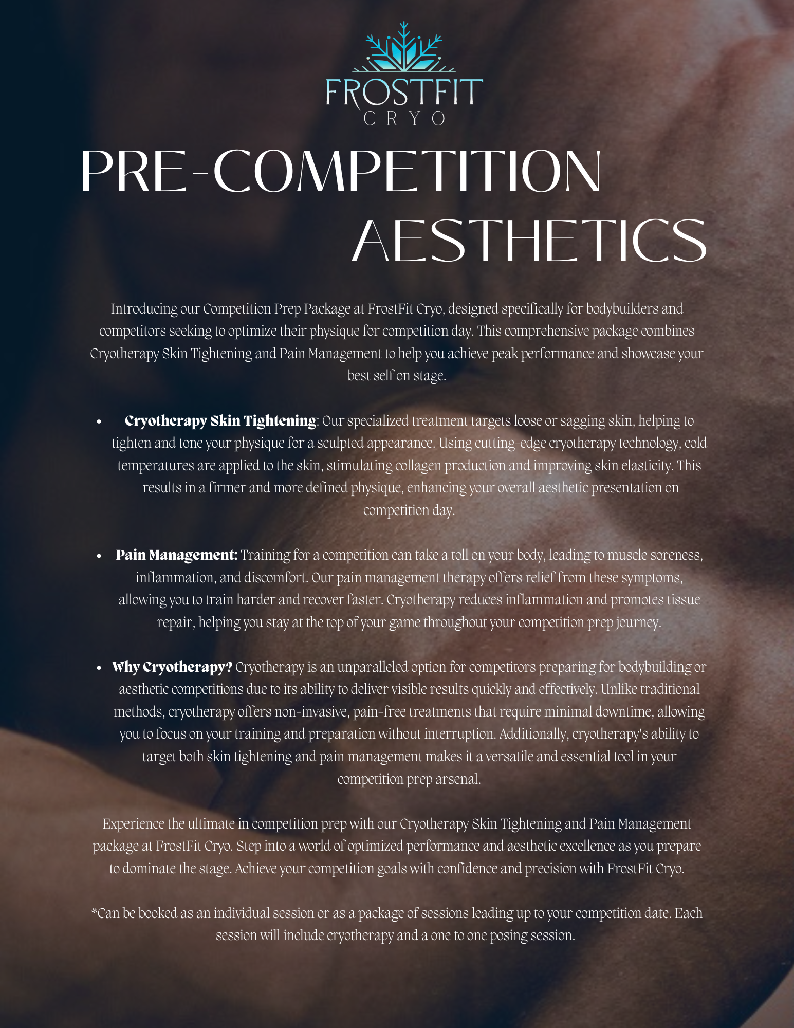 Frostfit graphic: Pre-competition aesthetics. Services include skin tightening and body contouring.