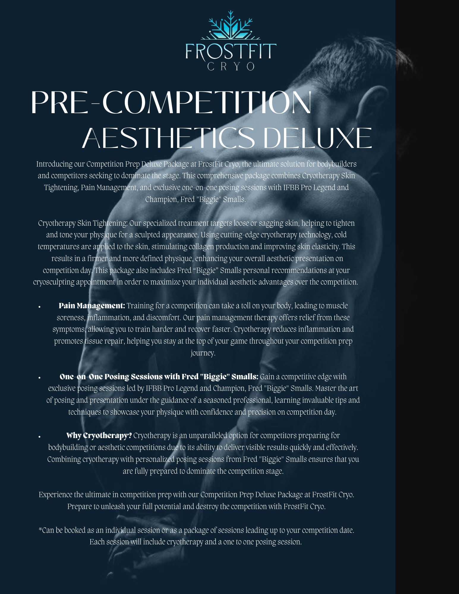 Brochure for Frostfit's Pre-Competition Aesthetics Deluxe. Blue and white text over a muscular person's back.