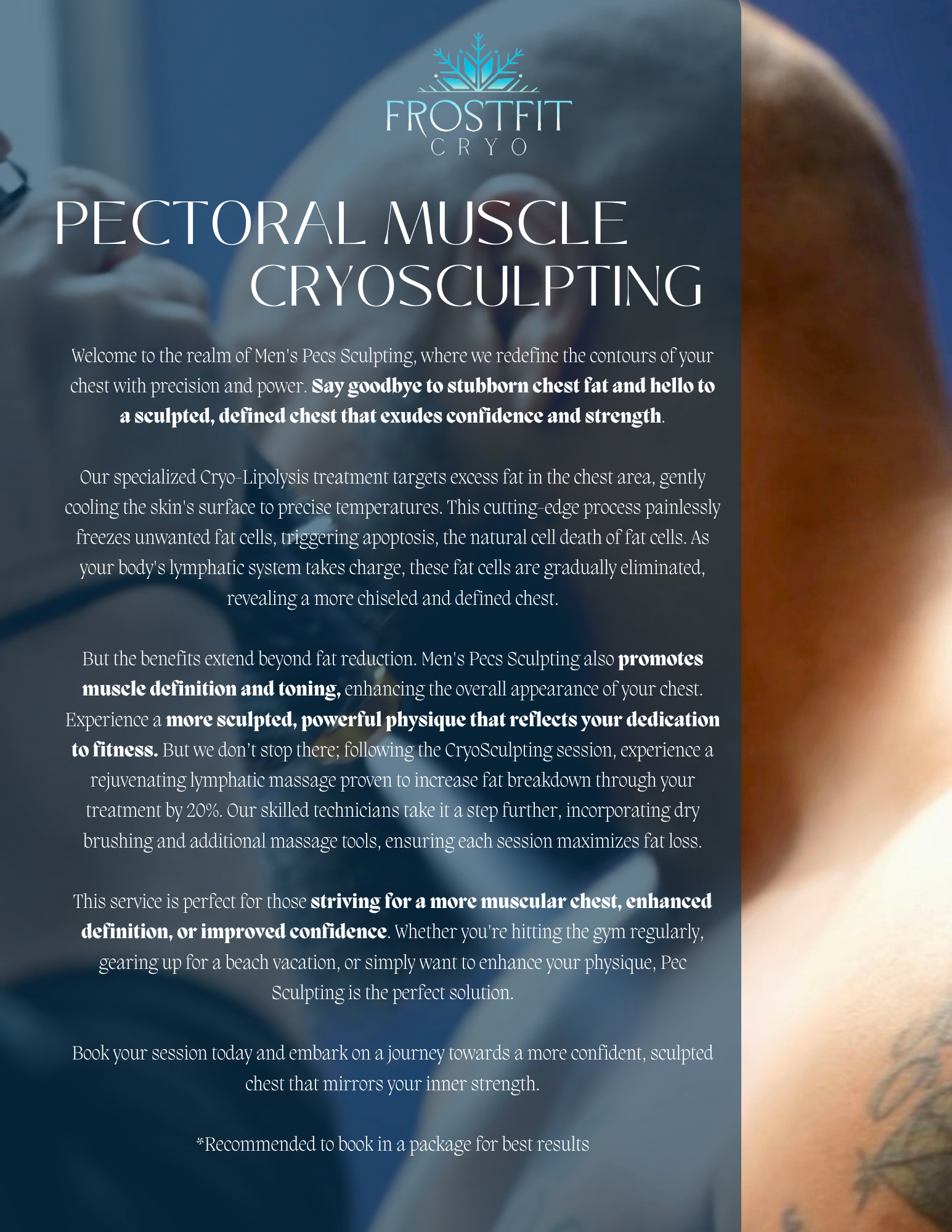 Text about pectoral muscle cryosculpting with a person's chest in the background.
