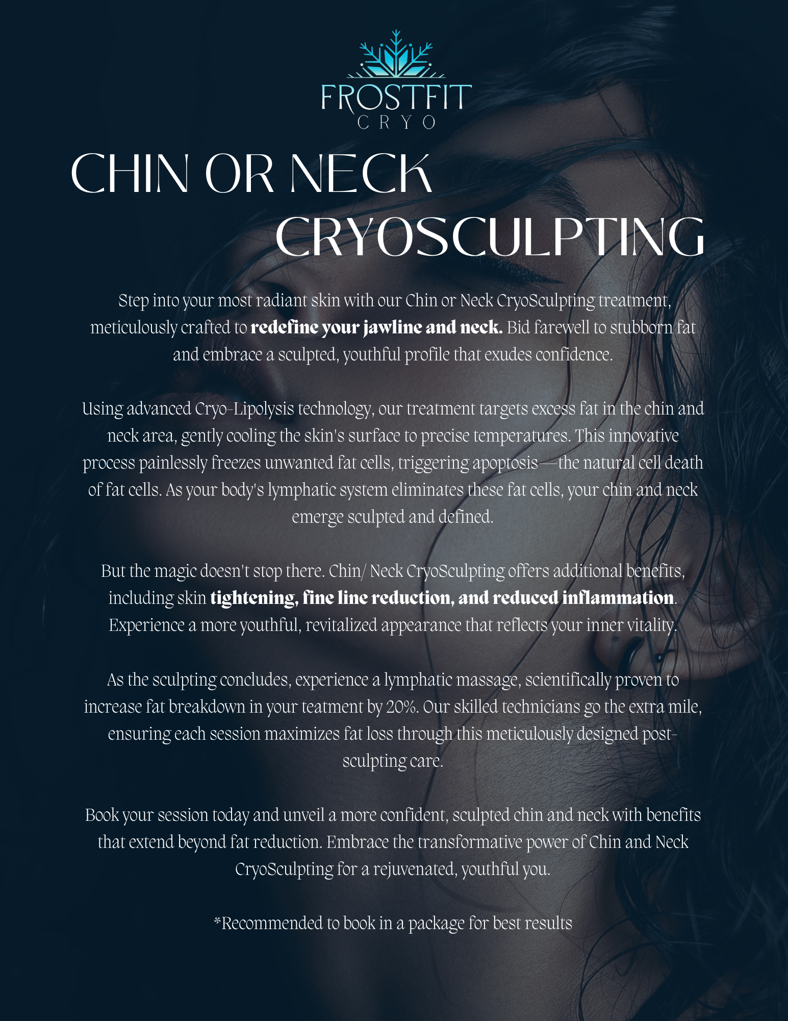 Flyer for Frostfit Cryosculpting, chin or neck. Text over blurred woman's face.