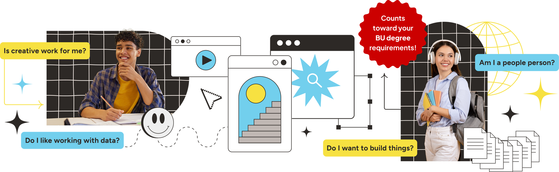 Two people in a browser-style interface with speech bubbles, icons, and colorful infographic elements.