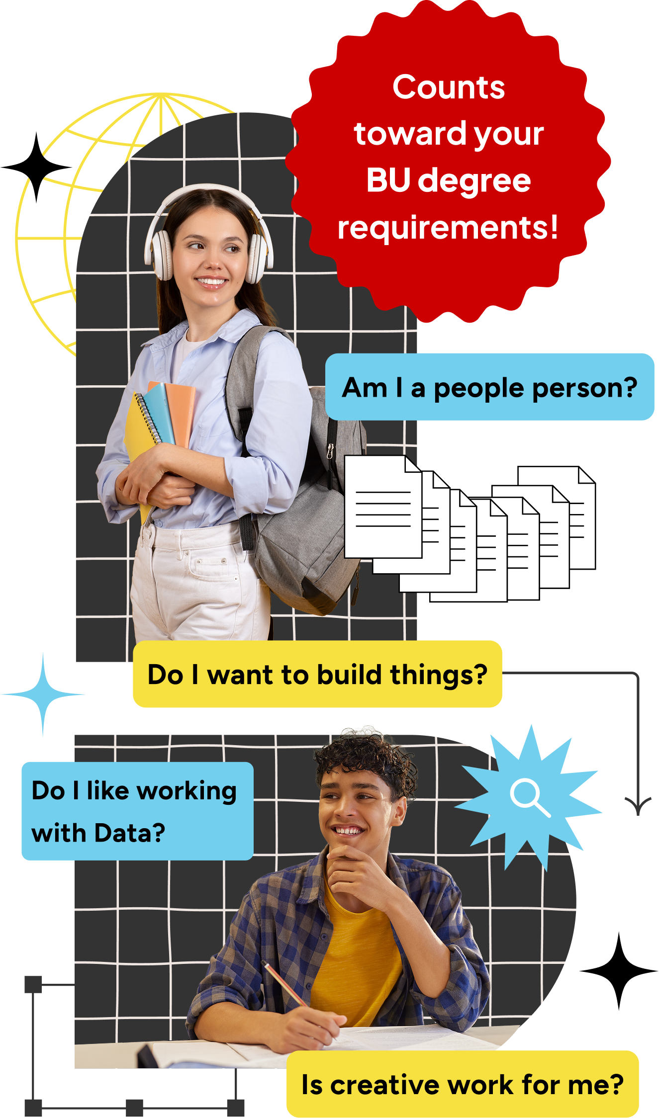 Career exploration collage with questions about people, building, business, and creativity around two students.