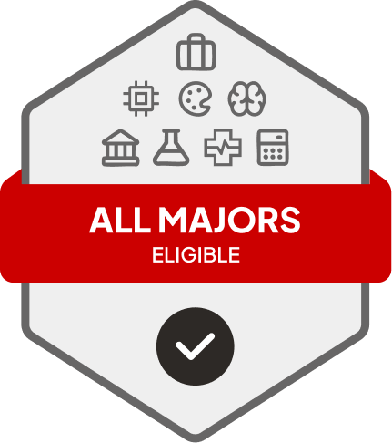 Badge with blue banner: 