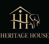 Gold Heritage House logo with house roof, stylized pillars, and elephant on black background