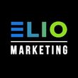 ELIO Marketing logo with blue, teal, and green text on a black background