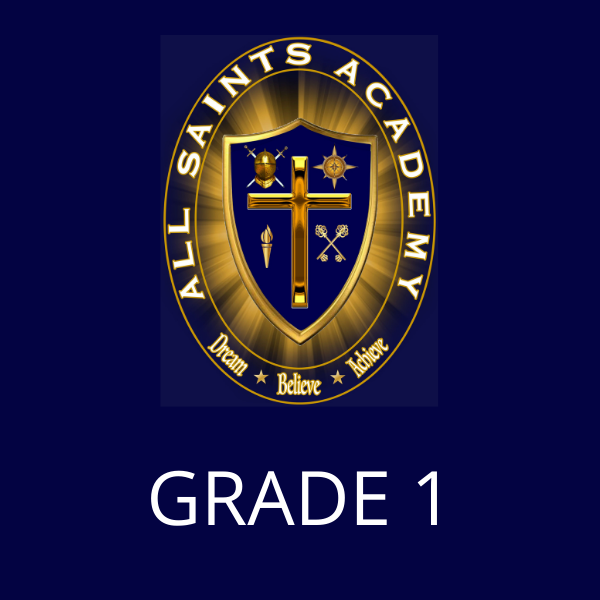 All saints academy grade 1 logo on a blue background