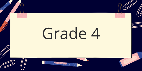 A sign that says grade 4 is surrounded by school supplies.