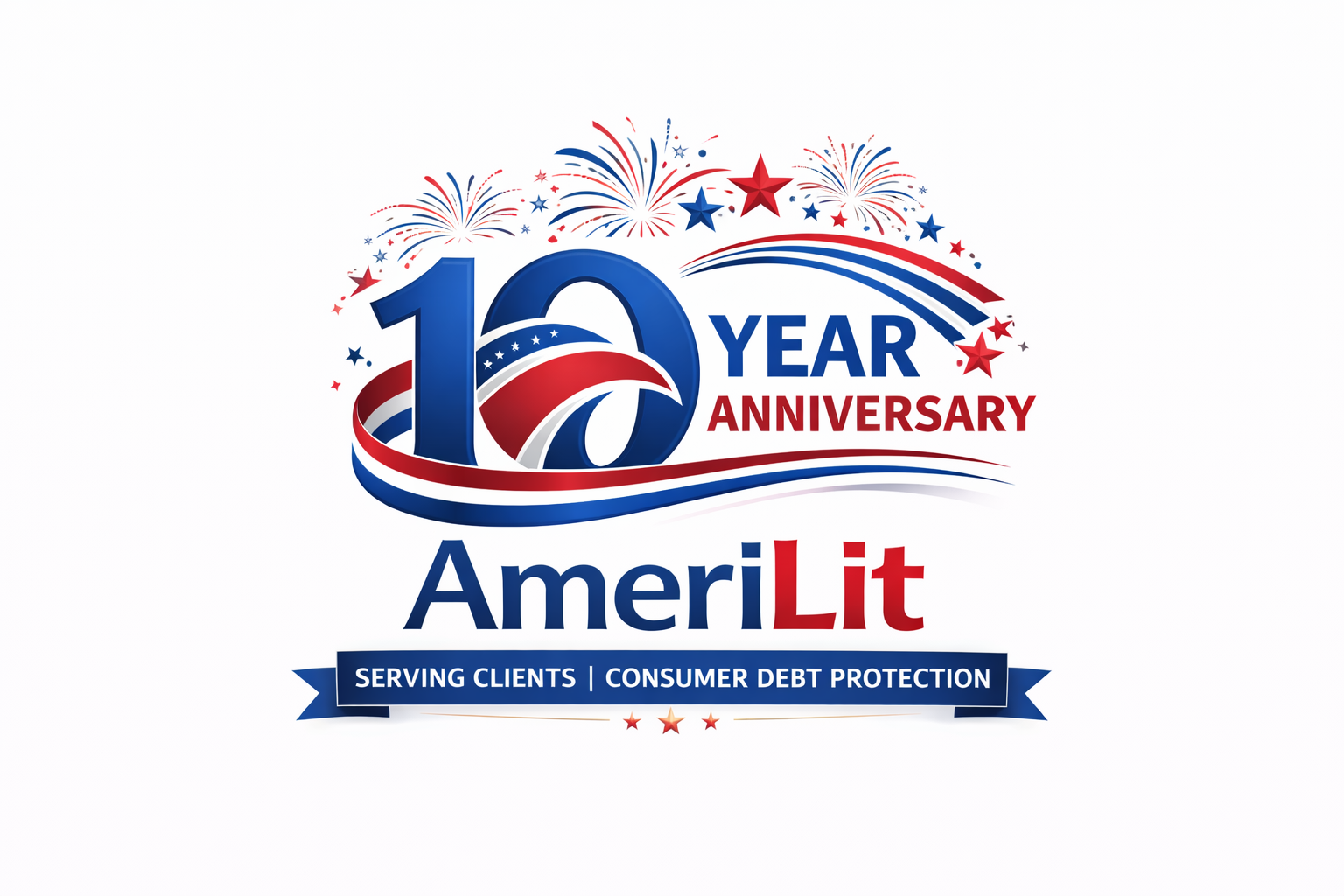 AmeriLit 10-year anniversary logo in red, white, and blue with stars and ribbon tagline