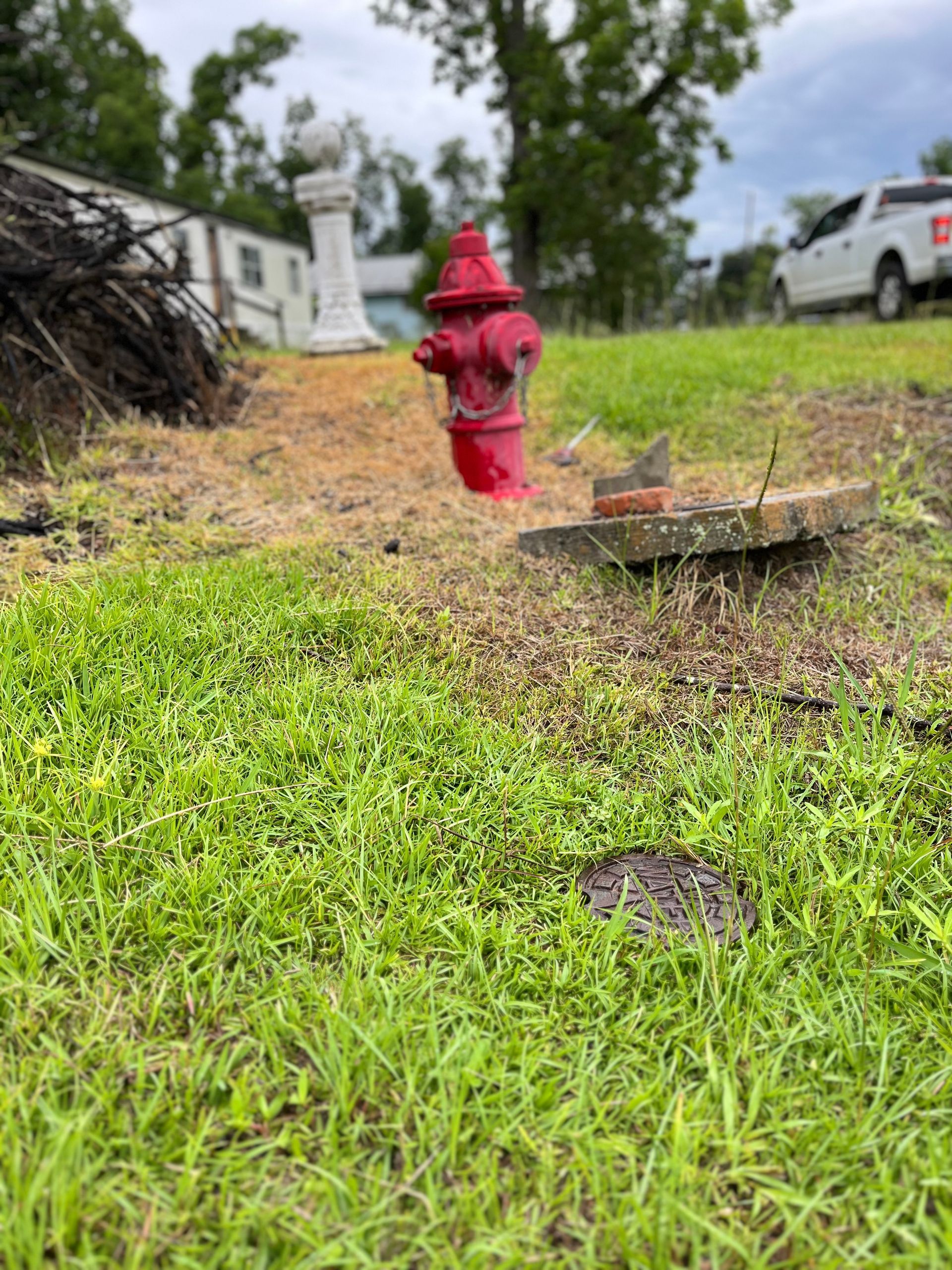 Red fire hydrant in grassy area with cloudy sky.