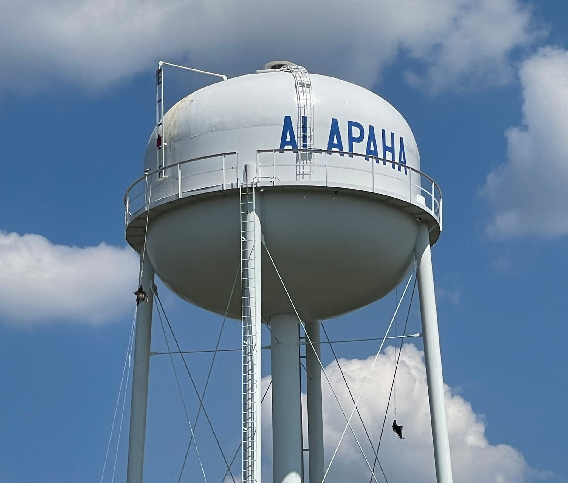 Water tower in Alapaha, Georgia, with a white spherical tank and blue lettering against a partly cloudy sky.