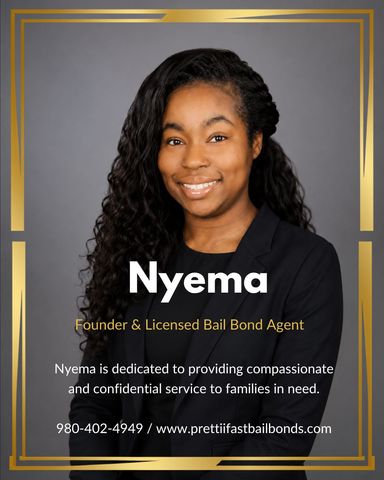 Portrait of Nyema, licensed bail bond agent, with contact info on a black-and-gold promotional card Portrait of Nyema, licensed bail bond agent, with contact info on a black-and-gold promotional card