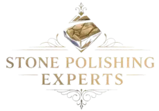 Logo: Gold text "STONE POLISHING EXPERTS" with diamond-shaped stone graphic. Decorative flourishes above and below.