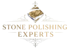 Logo: Gold text "STONE POLISHING EXPERTS" with diamond-shaped stone graphic. Decorative flourishes above and below.