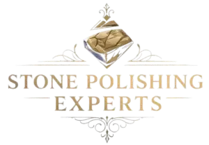 Logo: Gold text "STONE POLISHING EXPERTS" with diamond-shaped stone graphic. Decorative flourishes above and below.