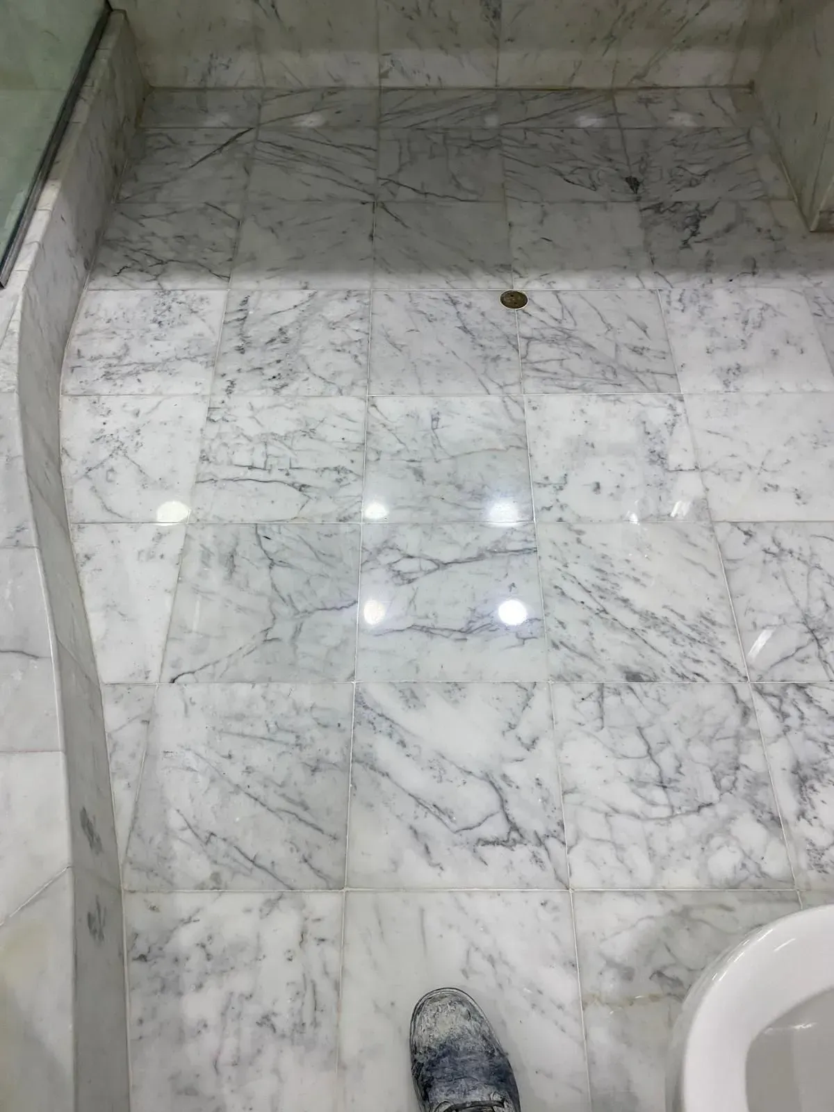 White marble bathroom floor with grey veining. A curved edge, a shoe, and a toilet are visible.