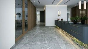 Modern lobby with marble floor, reception desk, wood paneling, and plants.