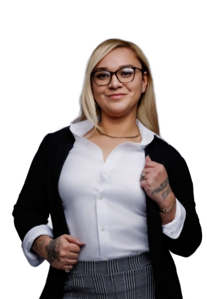 Smiling woman in glasses wearing a white blouse, black cardigan, and striped skirt on a white background