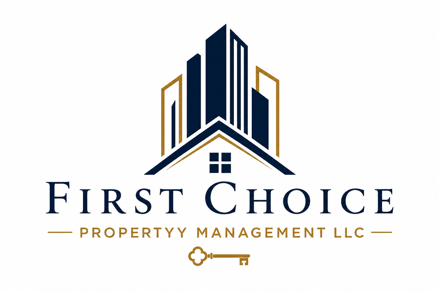 First Choice Property Management LLC logo with navy and gold building icon and key