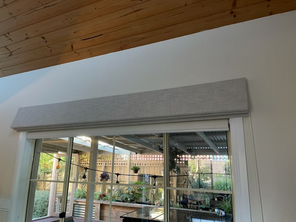 Opened Grey Romain Blind Over Sliding Doors - Blairgowrie, VIC - Curtains & Blinds by Dannielle Harris