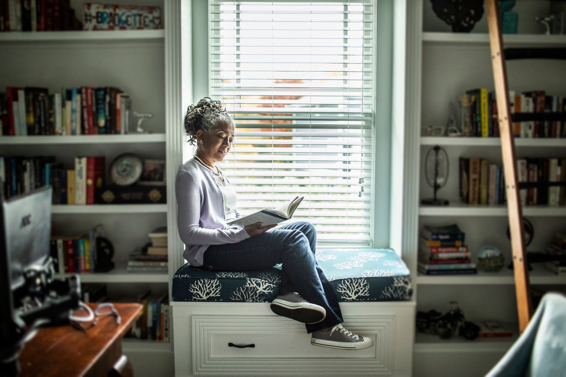 Old Lady Reading Beside White Blinds - Blairgowrie, VIC - Curtains & Blinds by Dannielle Harris