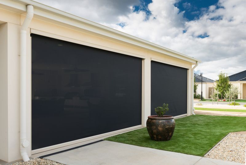 Modern house exterior with black garage doors, a potted plant, and a concrete driveway under a cloudy sky