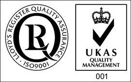 Two side-by-side logos: the Lloyd's Register Quality Assurance ISO 9001 circular emblem and the UKAS Quality Management mark.