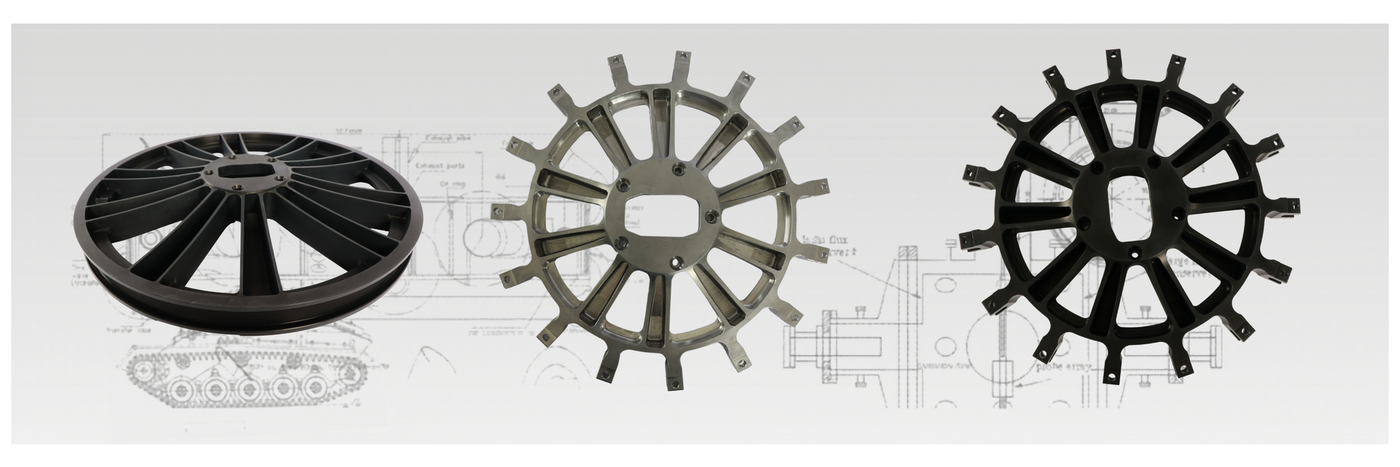 Three views of a circular, spoked metal mechanical part shown against a faint technical drawing background.