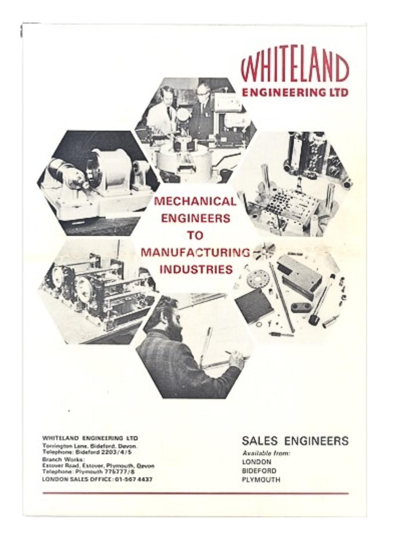Brochure cover for Whiteland Engineering Ltd showing industrial machinery, a design office, and company contact details.