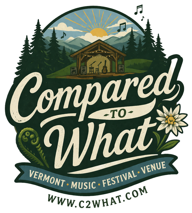 Compared to What festival logo with forest, mountain, cabin, and music notes in green and cream