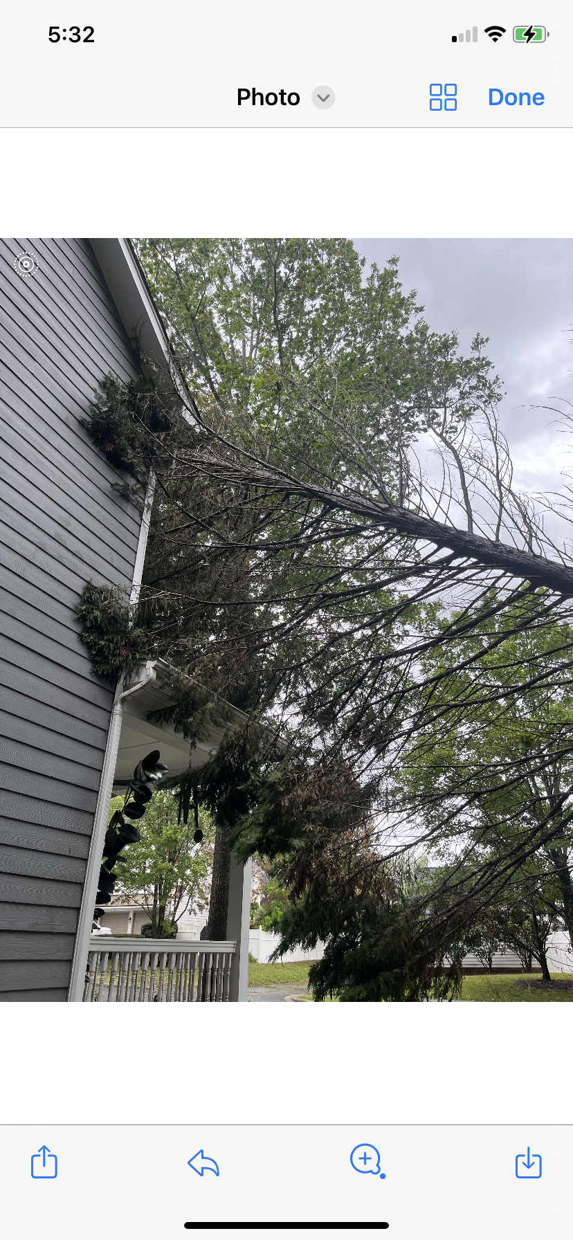 A tree has fallen on the side of a house.
