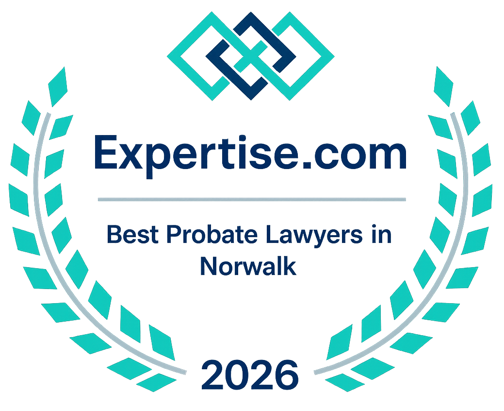 Expertise.com award badge: Best Probate Lawyers in Norwalk, 2026, with teal laurel wreath and logo