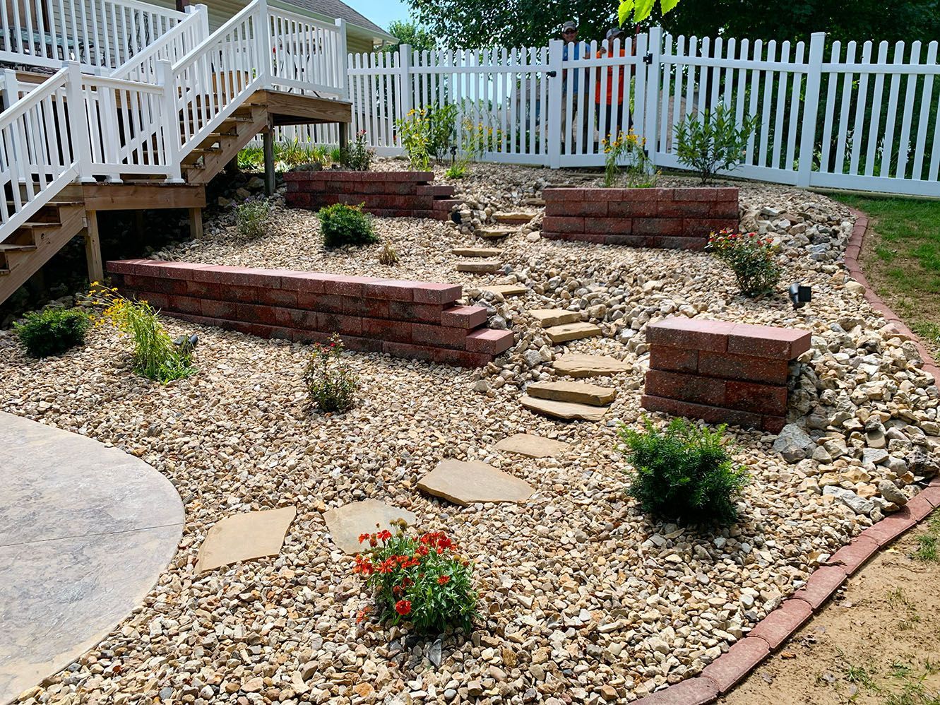 A landscaped backyard with a stone staircase and red brick retaining walls set against a white fence and wooden deck.