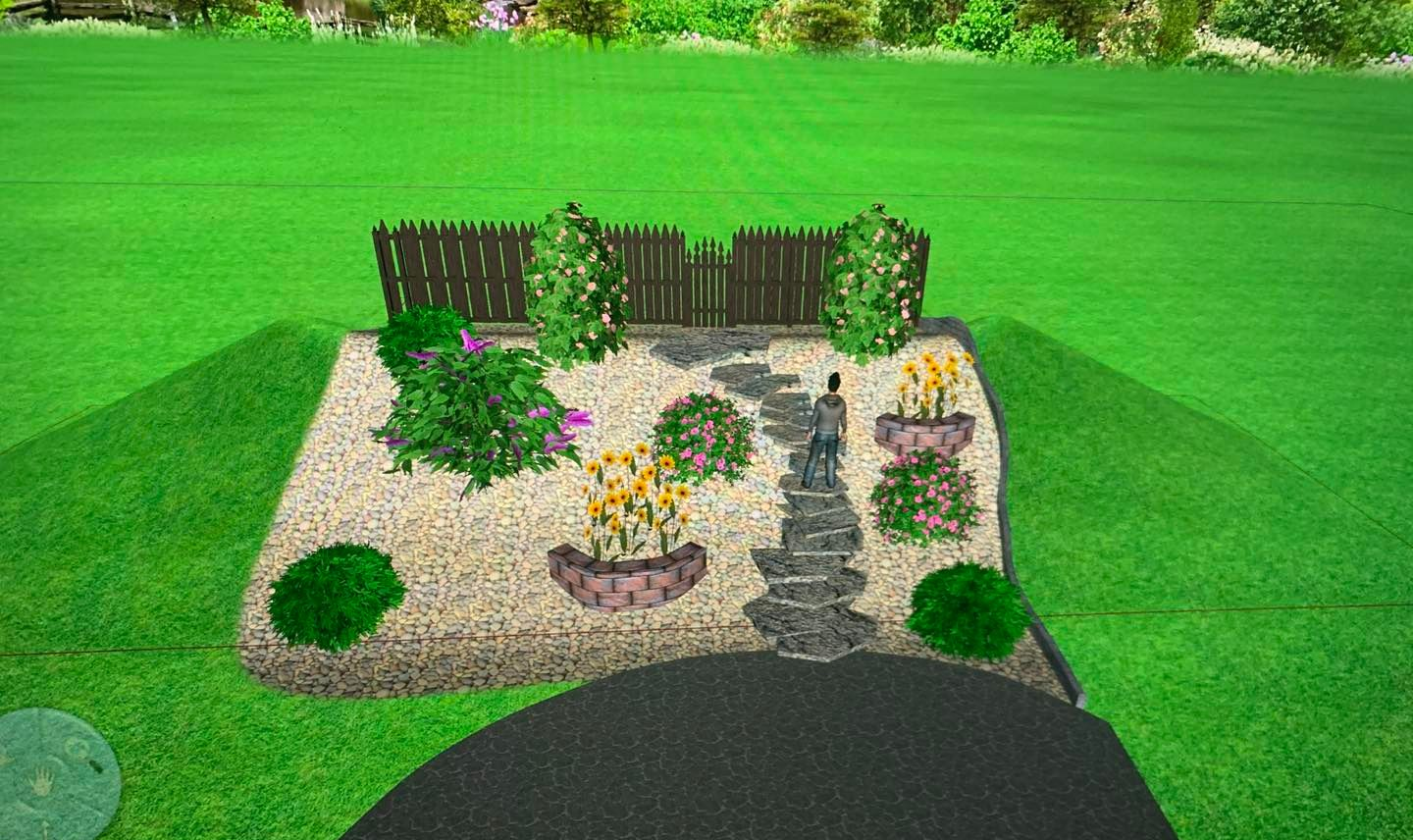 A 3D landscape design of a small garden bed with a stone path, various shrubs, flowering plants, and a wooden fence.