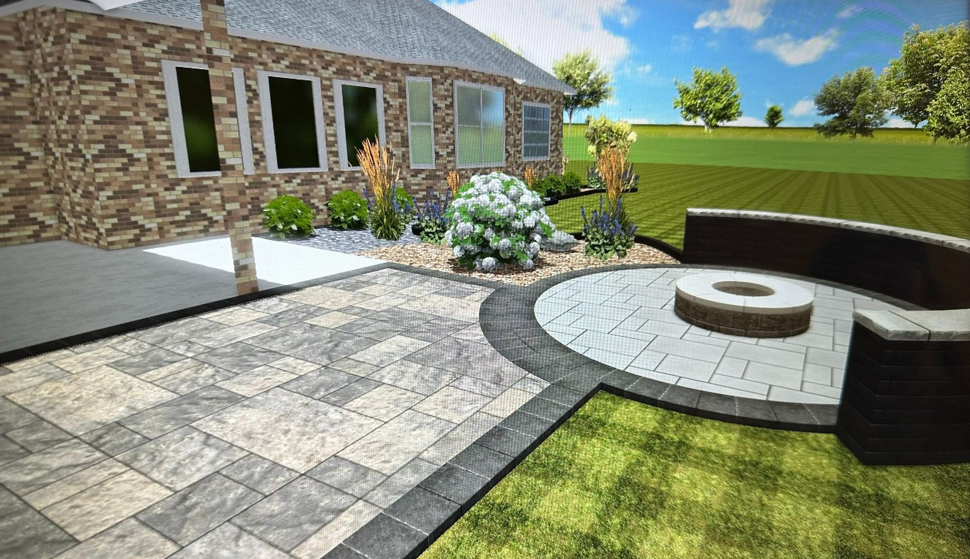 A 3D design rendering of a backyard patio with stone pavers, a circular fire pit, a curved seating wall, and landscaping.