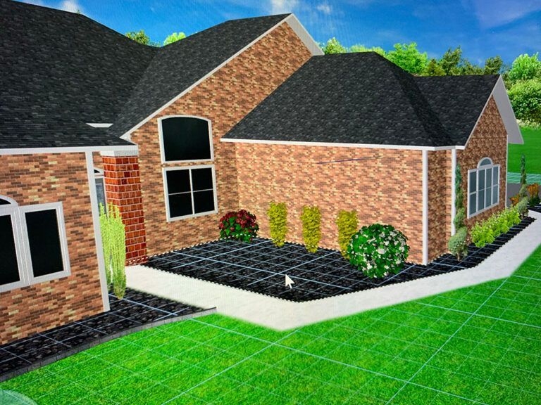 A 3D architectural rendering of a brick house exterior with a dark roof and a landscaped garden bed of shrubs.