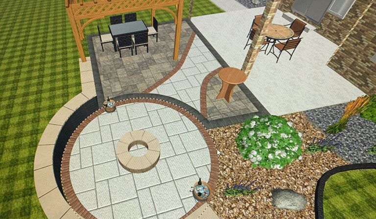 A digital landscape design features a circular stone fire pit patio, a dining pergola area, and a paved seating space.