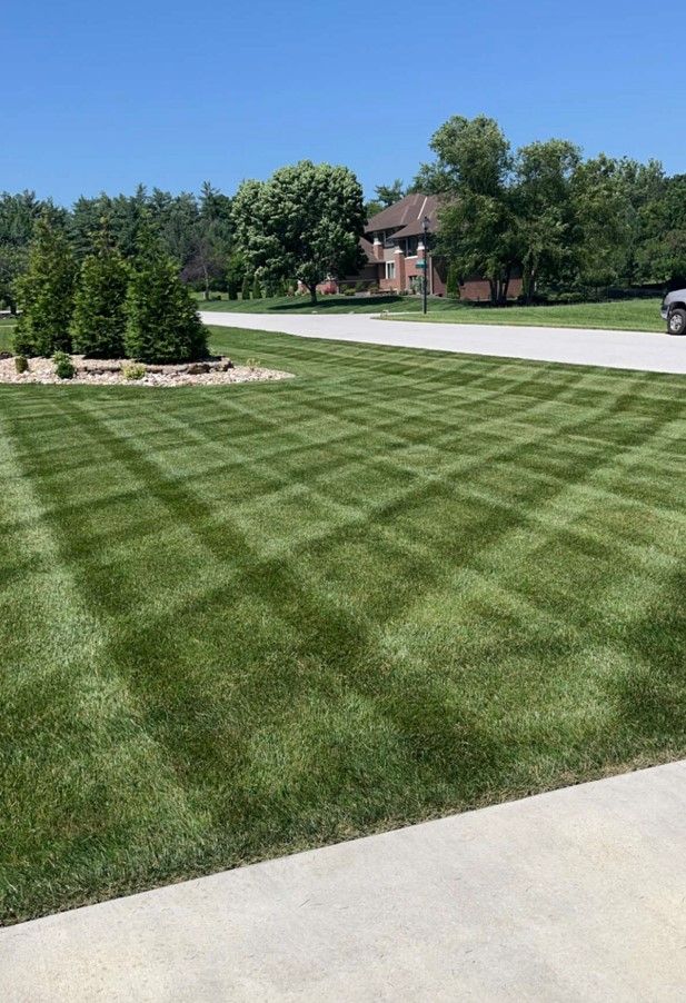 A well-manicured lawn with a cross-hatch mowing pattern, featuring a landscaped shrub bed and trees under a clear blue sky.
