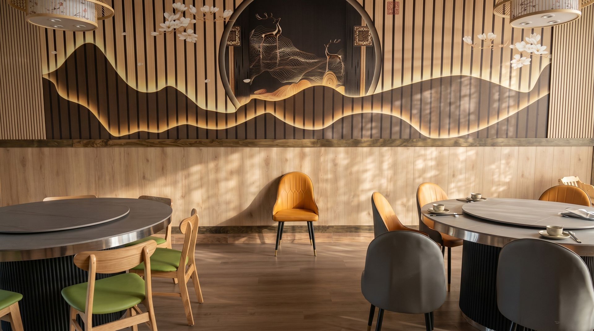 Modern restaurant interior with wooden wall art, round tables, and assorted chairs under warm lighting