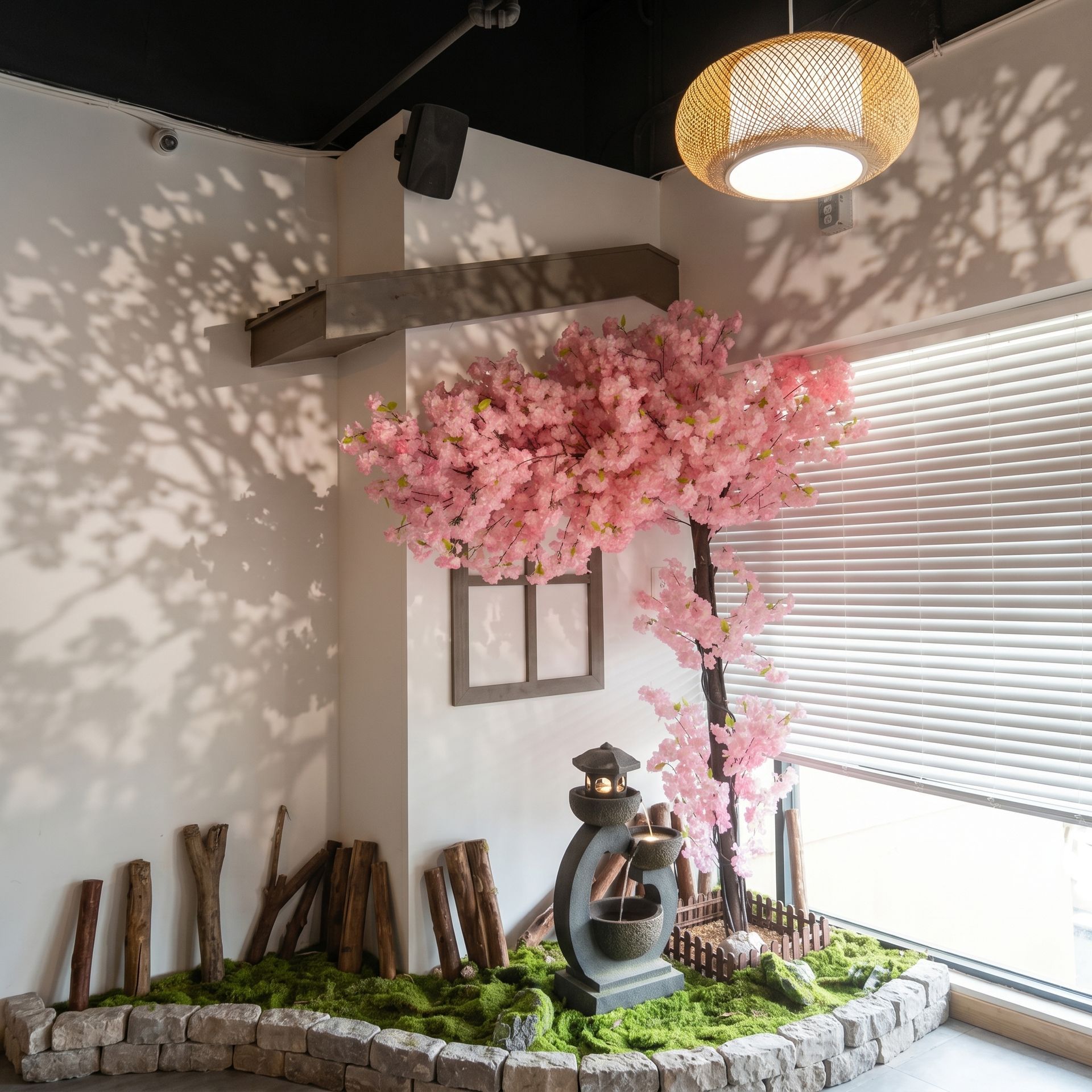 Indoor garden display with pink cherry blossoms, mossy rocks, and a small stone lantern by a window