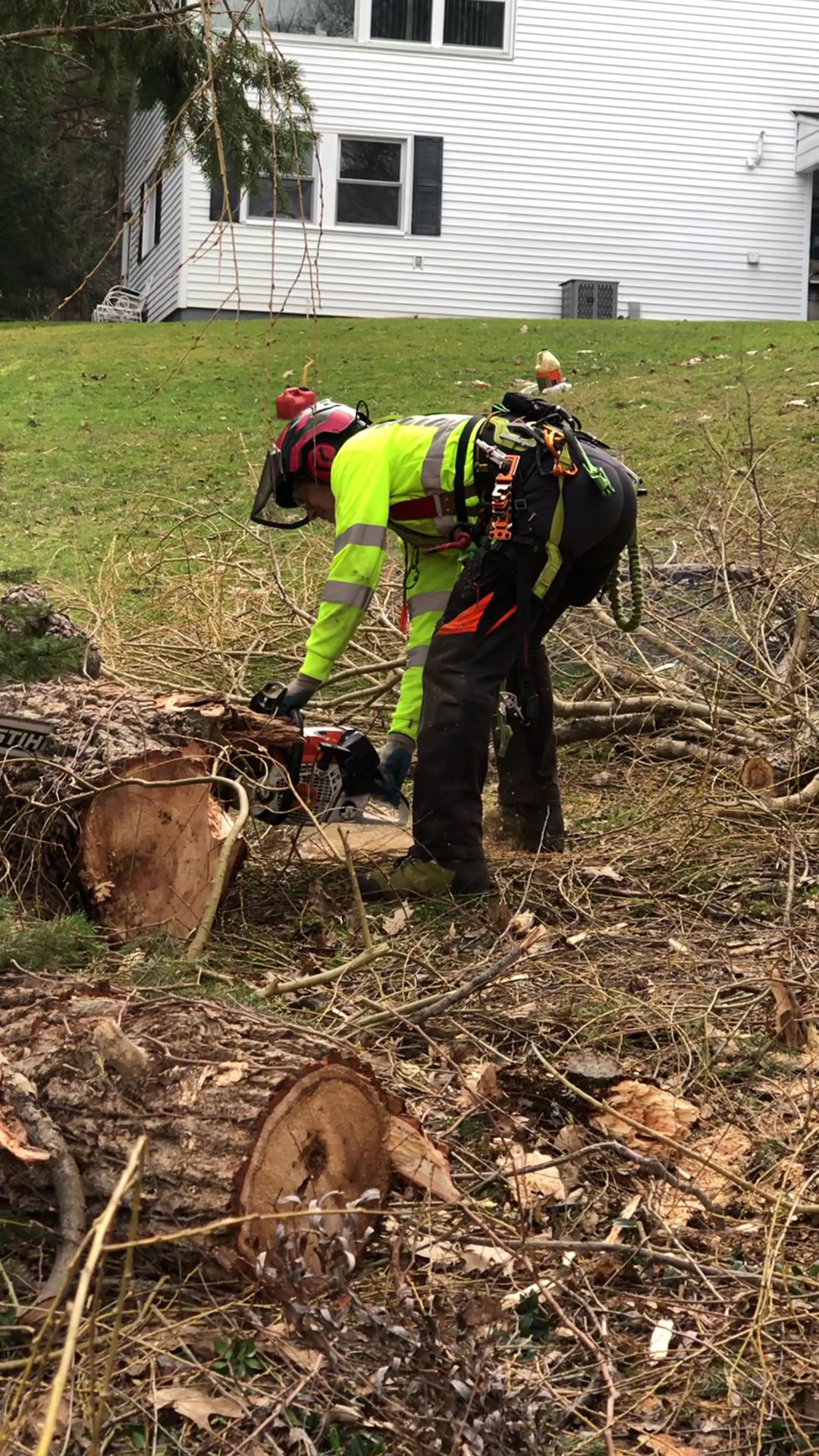 Two workers in safety gear clear debris and cut branches on a hillside near a white house.