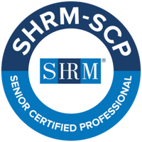 SHRM-SCP certification badge: Blue and white circular logo with